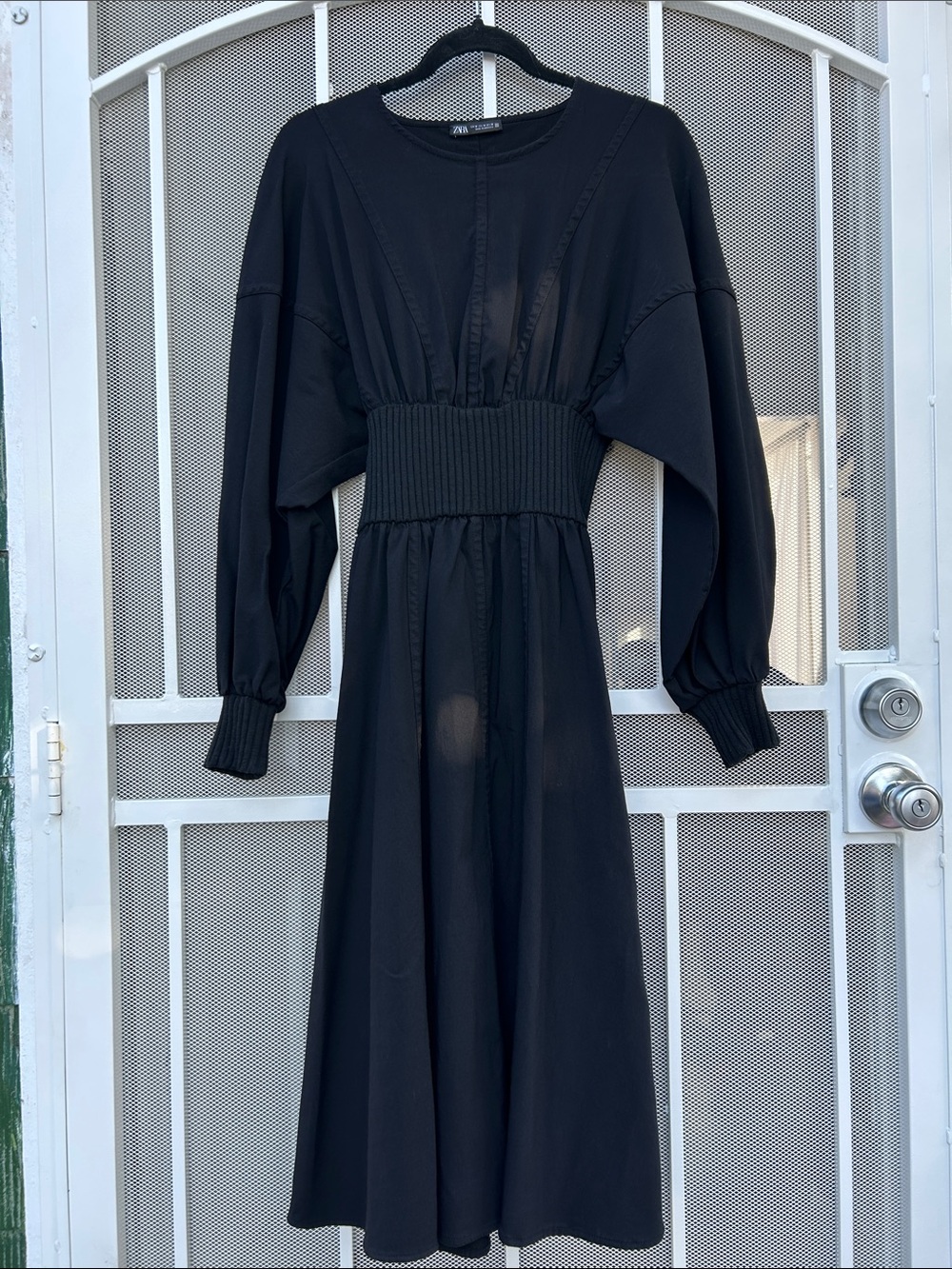 Black Smocked-Waist Long Sleeve Dress
